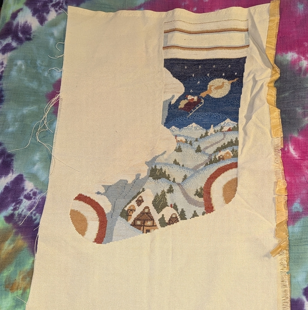 Vintage Christmas Stocking Santa  Sled Unfinished Needlepoint Hand Embroidered